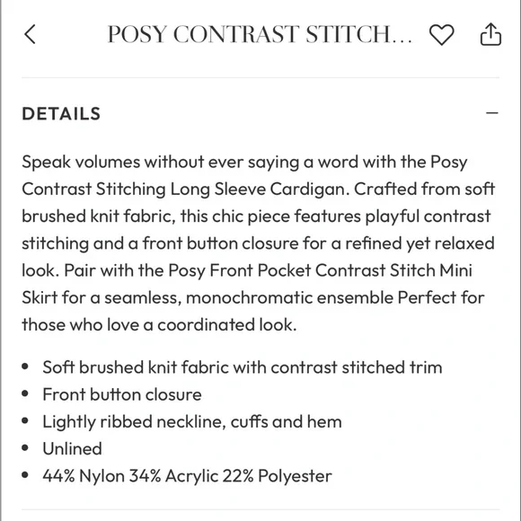 Vici Posy Contrast Stitching Long Sleeve Cardigan AND matching skirt SET! NEW! - Picture 7 of 7